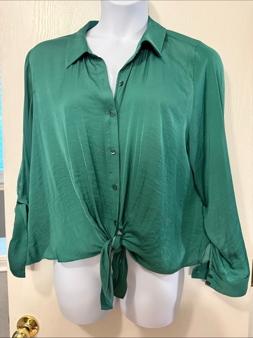 Vera Wang Emerald Green Tie-Front Button-Down Blouse